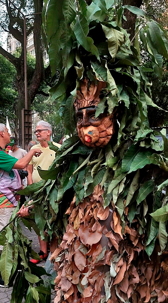 A foto mostra uma pessoa com figuro que se assemelha a uma árvore. Ela usa uma máscara parda, com a mistura das imagens de um humano com um pássaro.