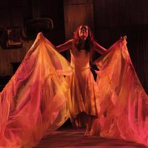 A imagem retrata uma mulher em uma performance teatral, com expressão dramática e intensa, em um ambiente iluminado por luzes quentes e avermelhadas. Ela veste um vestido longo e claro, enquanto segura partes do tecido que parecem formar uma saia ampla ou uma capa, que se estende pelo palco. O cenário ao fundo é escuro, decorado com quadros tortos e móveis antigos, sugerindo uma atmosfera nostálgica ou misteriosa. A composição transmite emoção e intensidade artística, destacando a dramaticidade da cena.