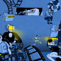 Ilustração surreal em tons de azul e elementos que remetem à crítica social e à influência da mídia. No centro, uma figura corre em direção a uma televisão com pernas humanas, que emana luz amarela. Outras figuras humanas têm aparelhos de TV no lugar da cabeça, também com luz. Acima, há um olho espiando por uma fresta, um homem sentado segurando balões e um gorila gigante próximo a prédios. Há também rolos de filme e paisagens urbanas. Sugere narrativa visual sobre vigilância, alienação e controle midiático