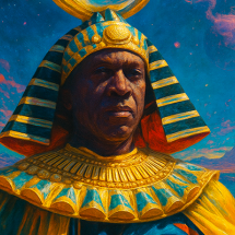 Imagem artística e colorida retrata um homem com expressão séria, vestindo trajes inspirados no Antigo Egito, com colar dourado ornamentado e um cocar listrado em azul e dourado. Ao fundo, um céu cósmico com tons vibrantes de azul, rosa e roxo, onde aparecem planetas e montanhas em silhueta. A cena mistura elementos históricos e futuristas, evocando uma atmosfera mística e afrofuturista.