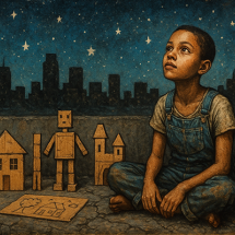 Ilustração de um menino negro sentado no chão, com olhar sonhador voltado para o céu estrelado. Ele veste camiseta branca e jardineira jeans. Ao seu lado, há brinquedos feitos de madeira e papel, representando casas, robôs e pessoas, com uma cidade ao fundo em silhueta. A imagem transmite um clima poético de imaginação e esperança em meio à simplicidade.