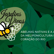 Imagem com a identidade visual do projeto “Jardins Vivos”. Em destaque, uma abelha estilizada pousa sobre pequenas flores brancas, em contraste com um fundo verde de folhagens. Ao lado, está escrito: “Abelhas nativas e a arte da meliponicultura no coração do Rio”, ressaltando a importância das abelhas sem ferrão e sua relação com a vida urbana.