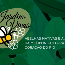 Imagem com a identidade visual do projeto “Jardins Vivos”. Em destaque, uma abelha estilizada pousa sobre pequenas flores brancas, em contraste com um fundo verde de folhagens. Ao lado, está escrito: “Abelhas nativas e a arte da meliponicultura no coração do Rio”, ressaltando a importância das abelhas sem ferrão e sua relação com a vida urbana.