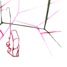 A imagem divulga a exposição “Tudo Tem que acabar em um livro / Todo debe terminar en un libro”. O fundo traz linhas geométricas finas em tons de rosa, verde e preto, lembrando uma ilustração abstrata.