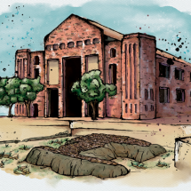 Ilustração colorida de um prédio de tijolos com janelas e árvores na fachada, representando o Cais do Valongo. O chão exibe pedras que remetem ao sítio histórico.