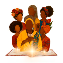 A imagem mostra uma ilustração com seis mulheres negras de diferentes idades e estilos, reunidas atrás de um livro aberto que emana luz dourada. Elas vestem roupas coloridas e estampadas, com turbantes, colares e flores nos cabelos. No centro, uma mulher de amarelo coloca a mão sobre o peito, transmitindo força, sabedoria e ancestralidade. A cena simboliza o poder feminino negro e o conhecimento como fonte de luz e herança cultural.