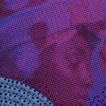 A imagem apresenta uma composição artística em tons intensos de roxo, azul e vermelho, com textura pontilhada inspirada na estética das histórias em quadrinhos. No centro, emerge o perfil do rosto de uma mulher negra usando turbante, com expressão serena e olhos semicerrados, sugerindo introspecção e ancestralidade. As formas circulares e as sobreposições de cor evocam movimento e vitalidade, em sintonia com o espírito da Mostra Cultural Consciência Negra.