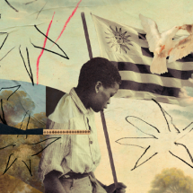 Imagem de divulgação da exposição “Rios de Liberdade”. A arte mostra um menino negro olhando para baixo, em uma atmosfera de reflexão. Ao fundo, há uma bandeira tremulando e duas pombas brancas em voo, simbolizando paz e libertação. Traços e formas desenhadas remetem a movimento e resistência.