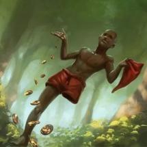 Ilustração do Saci, personagem do folclore brasileiro, caminhando por uma floresta iluminada por feixes de luz entre as árvores. Ele é representado como um menino negro, usando apenas um calção vermelho e segurando um pano da mesma cor, enquanto moedas douradas parecem cair de seus dedos. A cena transmite um clima de encanto e mistério característico das lendas populares.