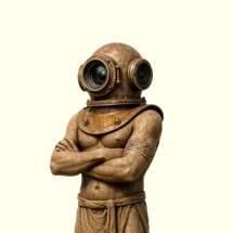 Escultura do personagem Escafandro, presente nas artes do Festival de Cinema Visões do Mar. A figura mostra um homem de tronco nu, com os braços cruzados e vestindo um antigo capacete de mergulhador metálico. A composição une elementos humanos e simbólicos, evocando mistério, profundidade e conexão com o universo marinho.