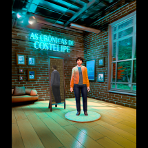 Ilustração em estilo 3D de um ambiente interno com paredes de tijolos aparentes. No centro, um personagem masculino está em pé sobre um círculo iluminado no chão, vestindo jaqueta laranja, camiseta clara e calça escura. Ao lado dele há um espelho de corpo inteiro que reflete sua imagem. Na parede ao fundo, um letreiro em neon azul diz “As Crônicas de Costelipe”. O espaço inclui sofá, quadros decorativos e uma grande janela com vista para árvores.