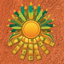 Ilustração gráfica da logo do 1º Festival Tendy Koatiara, festival de cinema indígena. No centro, um círculo amarelo-alaranjado lembra um sol. Ao redor, penas em tons de verde, amarelo e marrom formam um cocar indígena. Na parte inferior, tiras que evocam películas de filme se abrem em leque com paisagens estilizadas. O fundo é um plano texturizado em laranja terroso.