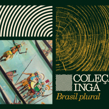Arte de divulgação da exposição Coleção Ingá – Brasil Plural. Sobre fundo verde-escuro, a composição reúne grafismos inspirados em anéis de crescimento de árvores e padrões circulares, ao lado de um recorte de pintura com figuras indígenas em canoas. No canto inferior direito, o título "Coleção Ingá" aparece em branco, acompanhado do subtítulo "Brasil plural" em amarelo.