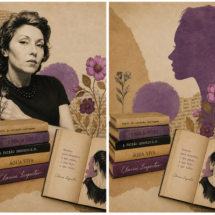 Colagem inspirada em Clarice Lispector, dividida em duas partes. À esquerda, retrato da escritora em preto e branco ao lado de flores, uma pilha de livros de sua autoria e um livro aberto com a frase: "Escrevo para desconcertar, para perguntar, para acender." À direita, o retrato dá lugar à silhueta de perfil de uma mulher em tom roxo, mantendo os livros e as flores sobre um fundo em tons de bege e lilás.
