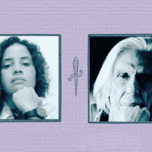 Montagem com dois retratos lado a lado. À esquerda, a professora e facilitadora Nilane Soares posa com o queixo apoiado sobre a mão, reproduzindo a postura de Ferreira Gullar, retratado à direita em preto e branco, também com o queixo apoiado sobre a mão. Os retratos aparecem emoldurados sobre fundo lilás, separados pela ilustração de uma pequena adaga.