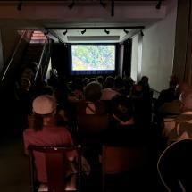 Imagem de referência da mostra de videoarte Arca CCJF. Em uma sala escura, o público está sentado em fileiras diante de uma tela na qual é exibido um vídeo. Trilhos com refletores aparecem no teto e, à esquerda, uma escada dá acesso ao piso superior.