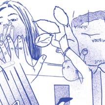 Parte de um pôster da exposição Biografemas, com ilustrações em traços azuis sobre fundo branco, incluindo uma mulher com as mãos diante do rosto e outras figuras e formas sobrepostas.
