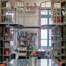 Interior da biblioteca do CCJF, com estantes de livros, estruturas metálicas e uma planta sobre a mesa ao centro.