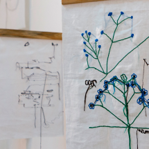 Imagem de referência da exposição Diários de Classe. Em primeiro plano, um tecido branco suspenso traz desenhos bordados de plantas, com hastes verdes e pequenas flores azuis, acompanhados de alguns traços e palavras. Ao fundo, outros tecidos pendurados exibem desenhos e anotações em linhas azuis e pretas.