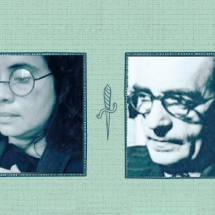 Composição gráfica com retratos da facilitadora Nilane Soares, à esquerda, e do escritor Graciliano Ramos, à direita. As imagens aparecem lado a lado, em tons azulados, sobre fundo verde-claro texturizado, separadas pela ilustração de uma pequena pena.