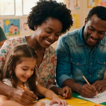 Em uma sala de aula, uma menina desenha sobre uma folha enquanto uma mulher e um homem, ao seu lado, também participam da atividade, sorrindo. Ao fundo, outras pessoas estão sentadas às mesas e desenhos coloridos decoram as paredes.