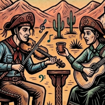 Ilustração de dois músicos em cenário sertanejo: um homem toca violino e uma mulher toca violão, entre cactos e montanhas, com uma igreja ao fundo.