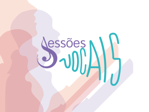 Arte gráfica do projeto “Sessões Vocais”. À esquerda, silhuetas sobrepostas de rostos humanos em perfil, em tons de vermelho e roxo, sugerem canto e expressão vocal. Ao centro, o texto “Sessões Vocais” aparece em letras estilizadas azul-turquesa; o “S” inicial lembra uma clave de sol simplificada. Formas diagonais em laranja, vermelho e roxo atravessam a composição e podem remeter a uma partitura ou suporte de leitura diante das figuras.
