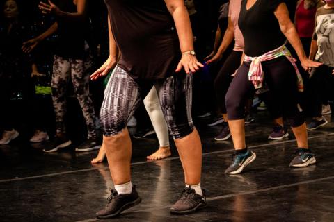 Grupo de pessoas pratica passos de dança charme em sala de ensaio. Vestindo roupas esportivas, como camisetas, leggings e tênis, algumas também estão descalças. A cena destaca o movimento das pernas em sincronia, transmitindo o ritmo marcado, o balanço característico e a energia coletiva dessa expressão cultural.