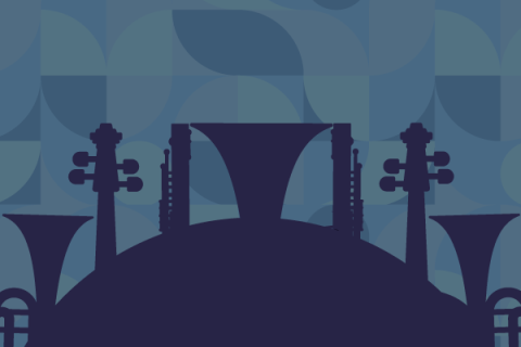 A imagem apresenta a arte da Série OSPBR – Orquestra Sinfônica e Popular Raul de Barros. Em tons de azul, surgem silhuetas de instrumentos de cordas e sopros, como violinos, clarinetes e trompas, sobre um fundo geométrico composto por formas arredondadas. A composição destaca a diversidade e a harmonia que simbolizam a proposta musical da série.