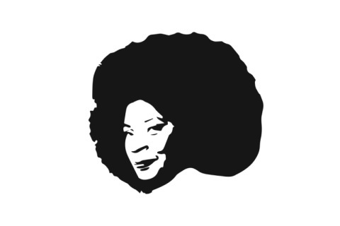 Uma ilustração em preto e branco apresenta o rosto da atriz Zezé Motta, destacando seus traços marcantes em um estilo minimalista. O desenho ressalta seus olhos, nariz e boca em branco, enquanto o restante da imagem é preenchido em preto. Seu cabelo afro volumoso domina a composição, com contornos arredondados e naturais, conferindo força e identidade à representação da atriz.