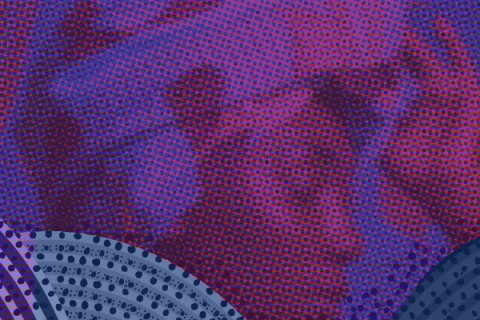 A imagem apresenta uma composição artística em tons intensos de roxo, azul e vermelho, com textura pontilhada inspirada na estética das histórias em quadrinhos. No centro, emerge o perfil do rosto de uma mulher negra usando turbante, com expressão serena e olhos semicerrados, sugerindo introspecção e ancestralidade. As formas circulares e as sobreposições de cor evocam movimento e vitalidade, em sintonia com o espírito da Mostra Cultural Consciência Negra.