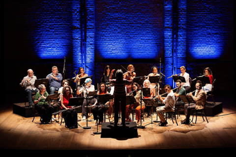 A Orquestra de Flautas da Casa do Choro se apresenta em palco, com vários músicos sentados em semicírculo, tocando diferentes tipos de flauta. Ao centro, a regente está de costas para o público, conduzindo o grupo. O palco é de madeira e o fundo de parede de tijolos é iluminado por luz azul, criando um ambiente solene e elegante, que valoriza a apresentação musical coletiva.