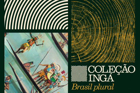 Arte de divulgação da exposição Coleção Ingá – Brasil Plural. Sobre fundo verde-escuro, a composição reúne grafismos inspirados em anéis de crescimento de árvores e padrões circulares, ao lado de um recorte de pintura com figuras indígenas em canoas. No canto inferior direito, o título "Coleção Ingá" aparece em branco, acompanhado do subtítulo "Brasil plural" em amarelo.