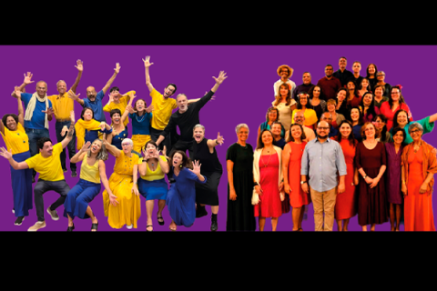 Montagem com fotografias dos grupos musicais Coro Prelúdio e Grupo Vocal Corda Solta sobre fundo roxo. Os integrantes de um deles fazem poses descontraídas, com gestos amplos e expressões alegres, vestindo roupas em tons de amarelo, azul e preto. Os integrantes do outro posam lado a lado em uma formação mais tradicional, usando roupas em diferentes tons de vermelho, laranja, vinho e preto. A imagem destaca estilos distintos de apresentação, mantendo em comum o clima de integração entre os participantes.