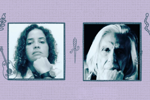 Montagem com dois retratos lado a lado. À esquerda, a professora e facilitadora Nilane Soares posa com o queixo apoiado sobre a mão, reproduzindo a postura de Ferreira Gullar, retratado à direita em preto e branco, também com o queixo apoiado sobre a mão. Os retratos aparecem emoldurados sobre fundo lilás, separados pela ilustração de uma pequena adaga.