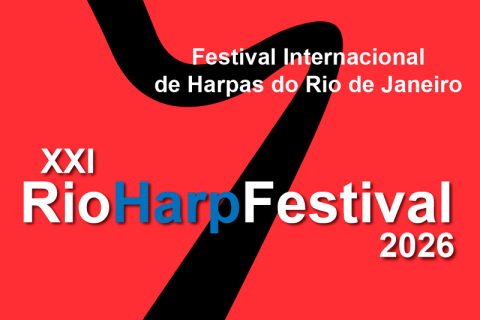 Arte de divulgação do XXI RioHarpFestival 2026 – Festival Internacional de Harpas do Rio de Janeiro. Sobre fundo vermelho, uma grande forma gráfica preta atravessa a composição. Em destaque, aparecem os textos “Festival Internacional de Harpas do Rio de Janeiro”, “XXI RioHarpFestival” e “2026”, com o nome do festival em letras brancas e azuis.