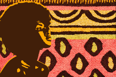 Arte de divulgação da roda de conversa Raízes e Direitos: Legislação, Cultura e Igualdade Racial. À esquerda, a silhueta estilizada de uma mulher negra com cabelo afro volumoso, em tons de marrom e amarelo. Ao fundo, uma estampa que remete a tecidos africanos, com padrões geométricos em marrom, amarelo e rosa.