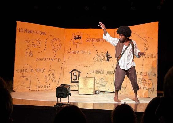 Homem negro, descalço e com figurino teatral, performa no palco diante de um cenário ilustrado com a jornada do herói, com etapas como "Chamado à aventura", "A primeira travessia" e "A provação suprema". Ele gesticula com uma das mãos levantadas e expressão intensa. O cenário tem tom terroso e está dividido em painéis com desenhos e palavras. 