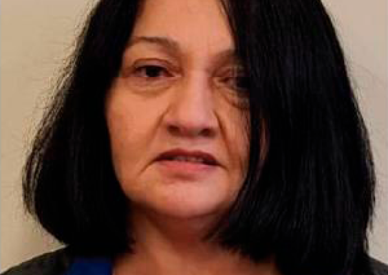 A imagem mostra uma mulher em retrato frontal, enquadrada do busto para cima, com expressão séria e postura ereta. Ela tem cabelos escuros, lisos e na altura dos ombros, e veste uma blusa azul sob um blazer escuro. O fundo é neutro e claro, sem elementos decorativos, o que destaca o rosto e a vestimenta da retratada, conferindo à imagem um caráter sóbrio e institucional.