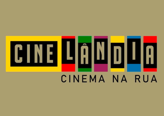 A imagem exibe a identidade visual do projeto Cinelândia – Cinema na Rua. O nome “Cinelândia” aparece em letras maiúsculas dentro de retângulos coloridos (amarelo, vermelho, verde, roxo, amarelo, azul e vermelho), com fundo preto para as letras. Abaixo, em letras pretas, está o subtítulo “Cinema na Rua”, sobre um fundo marrom claro.