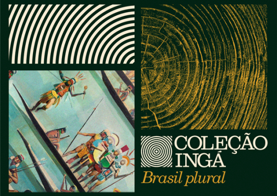Arte de divulgação da exposição Coleção Ingá – Brasil Plural. Sobre fundo verde-escuro, a composição reúne grafismos inspirados em anéis de crescimento de árvores e padrões circulares, ao lado de um recorte de pintura com figuras indígenas em canoas. No canto inferior direito, o título "Coleção Ingá" aparece em branco, acompanhado do subtítulo "Brasil plural" em amarelo.