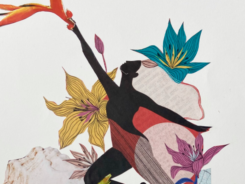 A arte traz contornos coloridos, com flores nas cores amarela, rosa, azul e laranja que emolduram o desenho de uma mulher de cabelos longos que parece dançar. Ela tem um dos braços levantados, e está em uma pose que parece de balé. Uma das pernas está dobrada, e a de trás, esticada. Sua cor é preta, com detalhes em vermelho; ela olha para cima.