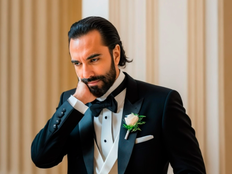 A imagem mostra um homem vestindo um elegante smoking preto com gravata borboleta e uma flor branca na lapela, sugerindo um traje formal para um evento especial. Ele está com uma expressão pensativa, apoiando uma das mãos no pescoço. O fundo apresenta colunas claras, reforçando o clima sofisticado e clássico da cena. O homem tem barba bem cuidada e cabelos penteados para trás, complementando seu visual refinado e formal.