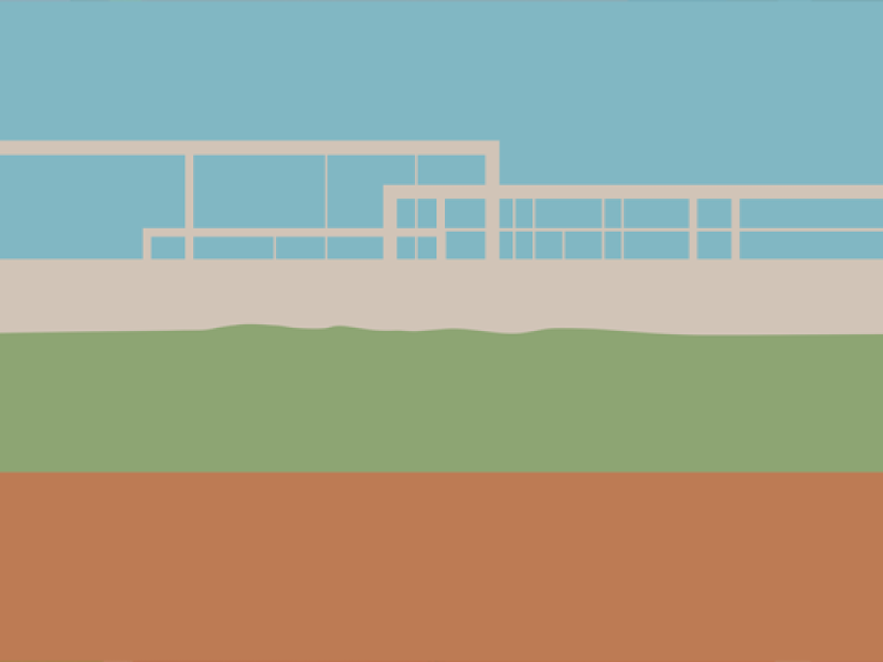 A imagem apresenta um cartaz promocional da exposição "Horizonte CERRADO: Viver no CENTRO do mapa". O design é minimalista, com traços que remetem a uma paisagem do cerrado, utilizando uma paleta de cores em tons de azul (céu), bege (estrutura arquitetônica), verde (vegetação) e marrom (terra). A estética combina elementos da arquitetura e da paisagem típica do cerrado, sugerindo um tema que mistura natureza, urbanismo e cultura.