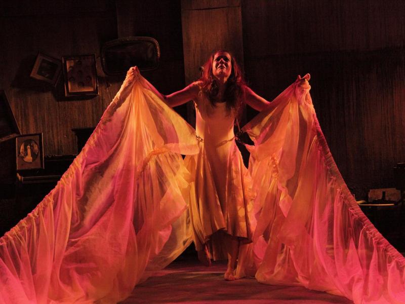 A imagem retrata uma mulher em uma performance teatral, com expressão dramática e intensa, em um ambiente iluminado por luzes quentes e avermelhadas. Ela veste um vestido longo e claro, enquanto segura partes do tecido que parecem formar uma saia ampla ou uma capa, que se estende pelo palco. O cenário ao fundo é escuro, decorado com quadros tortos e móveis antigos, sugerindo uma atmosfera nostálgica ou misteriosa. A composição transmite emoção e intensidade artística, destacando a dramaticidade da cena.