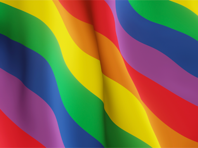 Imagem de uma bandeira LGBTQIA+ estilizada, com faixas onduladas em seis cores vibrantes: vermelho, laranja, amarelo, verde, azul e roxo. As ondas dão movimento ao tecido, criando a sensação de leveza e fluidez. A bandeira simboliza o orgulho, a diversidade e a luta pelos direitos da comunidade LGBTQIA+.