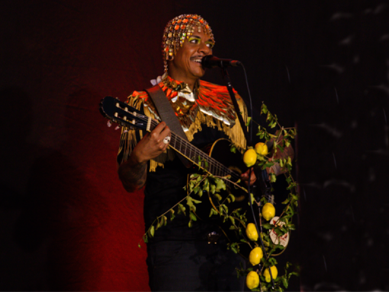 Pessoa se apresenta no palco cantando e tocando violão, decorado com limões e ramos verdes. Usa uma roupa marcante com franjas douradas e um adorno brilhante na cabeça feito de miçangas coloridas. A expressão é de alegria e envolvimento com a performance. A iluminação destaca o artista contra um fundo escuro com luz vermelha, criando uma atmosfera vibrante e performática.