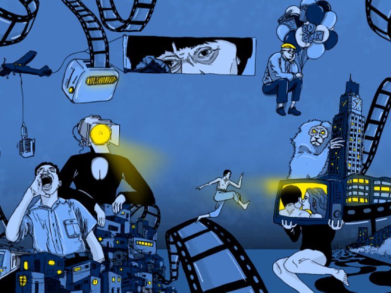Ilustração surreal em tons de azul e elementos que remetem à crítica social e à influência da mídia. No centro, uma figura corre em direção a uma televisão com pernas humanas, que emana luz amarela. Outras figuras humanas têm aparelhos de TV no lugar da cabeça, também com luz. Acima, há um olho espiando por uma fresta, um homem sentado segurando balões e um gorila gigante próximo a prédios. Há também rolos de filme e paisagens urbanas. Sugere narrativa visual sobre vigilância, alienação e controle midiático