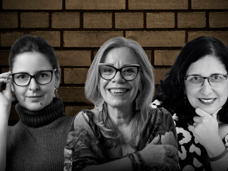 Imagem em preto e branco de três mulheres diante de uma parede de tijolos. Elas estão sorrindo e usam óculos. São, em ordem não especificada: Eliz Brito (atriz e escritora), Georgia Annes (escritora) e Marcelle Azeredo (escritora e jornalista). À esquerda, uma mulher usa suéter de gola alta e segura os óculos com uma das mãos. Ao centro, uma mulher de cabelos claros veste uma blusa estampada e sorri amplamente. À direita, outra mulher com cabelo escuro repousa o queixo sobre a mão em um gesto pensativo.