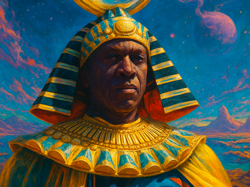 Imagem artística e colorida retrata um homem com expressão séria, vestindo trajes inspirados no Antigo Egito, com colar dourado ornamentado e um cocar listrado em azul e dourado. Ao fundo, um céu cósmico com tons vibrantes de azul, rosa e roxo, onde aparecem planetas e montanhas em silhueta. A cena mistura elementos históricos e futuristas, evocando uma atmosfera mística e afrofuturista.